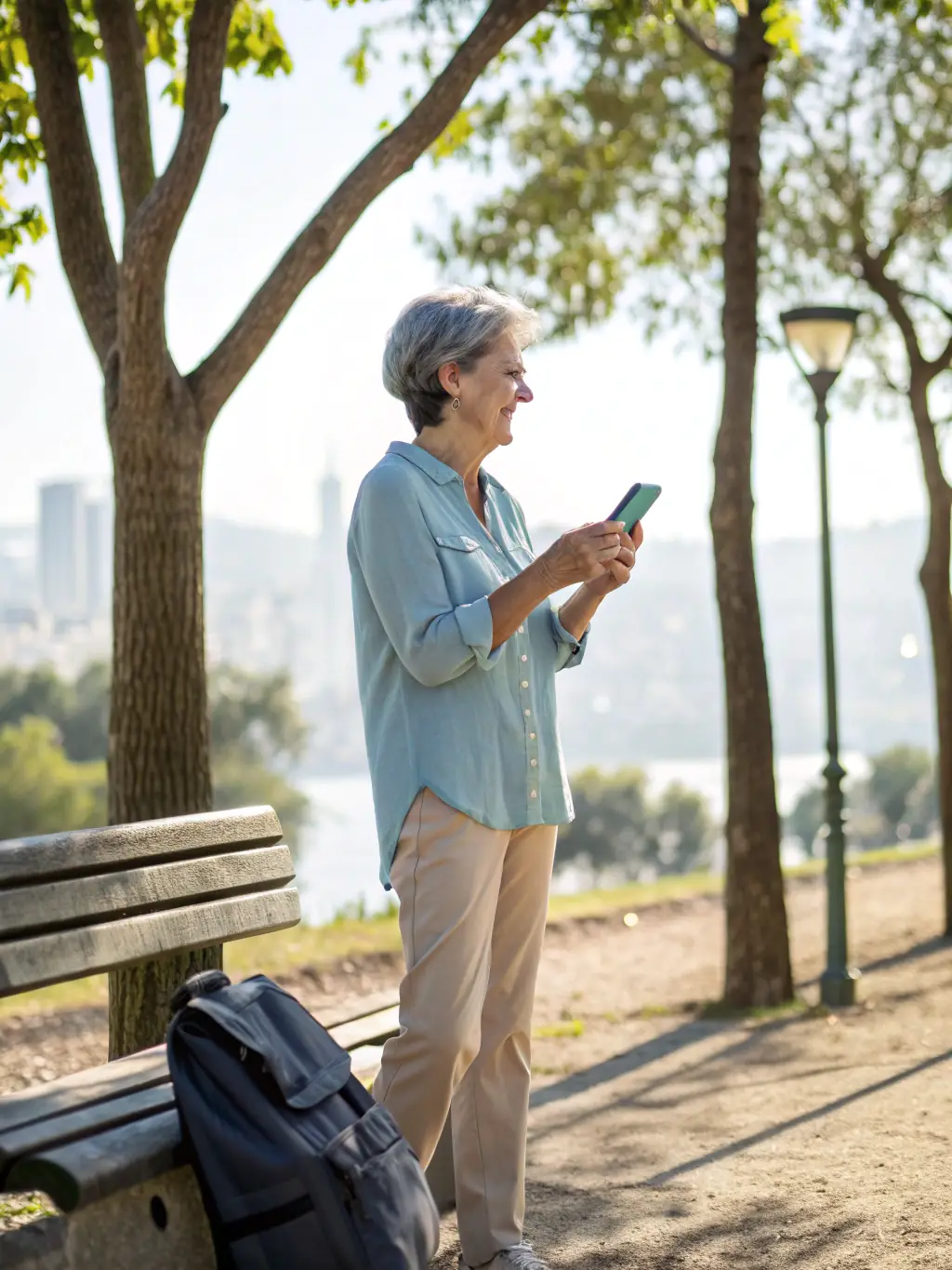 A senior using an AI-powered translation app on their phone while traveling, highlighting the benefits for communication.