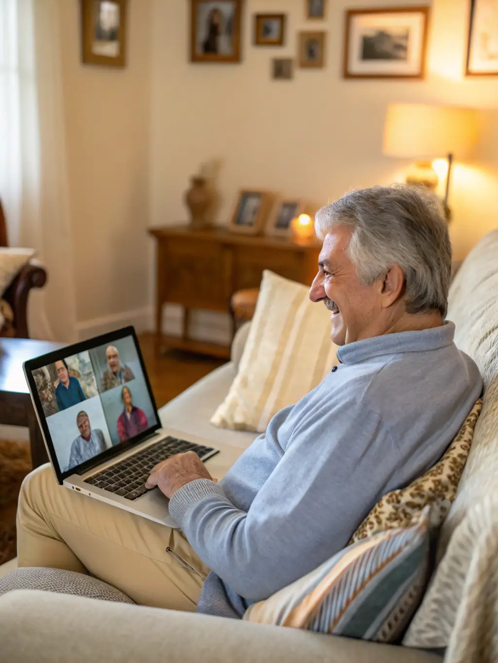 An older man using a tablet with a simplified interface to video call his family, emphasizing the ease of communication.